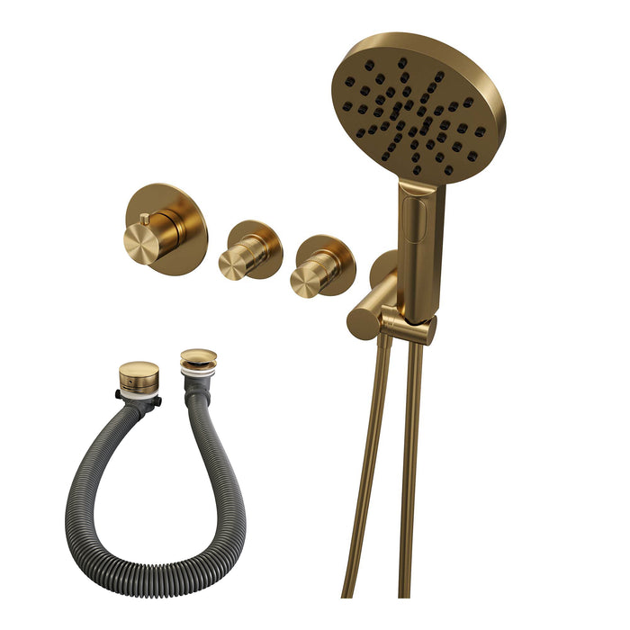 Brauer Gold Edition inbouw badthermostaat met badafvoer/vulcombinatie - ronde handdouche - Geborsteld Goud PVD -  5-GG-047