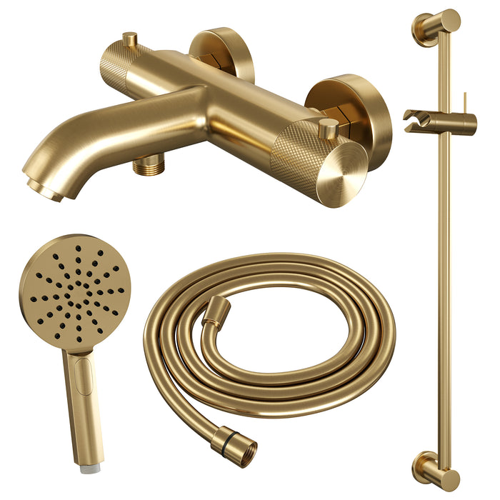 Brauer Gold Carving badthermostaat Glijstangset - 3-standen handdouche - Geborsteld Goud  PVD - 5-GG-085-2