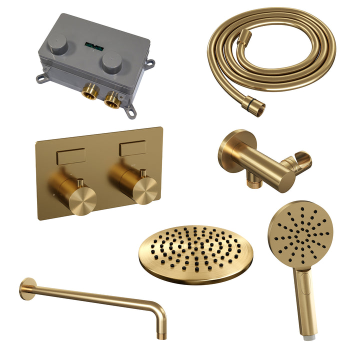 Brauer Gold Edition thermostatische inbouw regendouche met drukknoppen SET 57 met 20 cm douchekop en gebogen muurarm en 3-standen handdouche en doucheslang en wandaansluitbocht goud geborsteld PVD