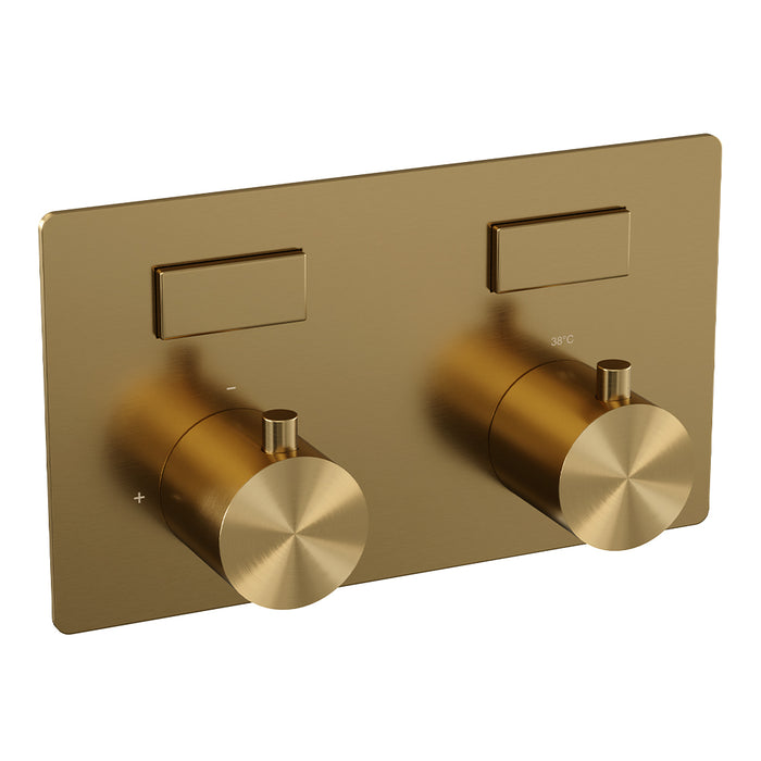 Brauer Gold Edition thermostatische inbouw regendouche met drukknoppen SET 57 met 20 cm douchekop en gebogen muurarm en 3-standen handdouche en doucheslang en wandaansluitbocht goud geborsteld PVD