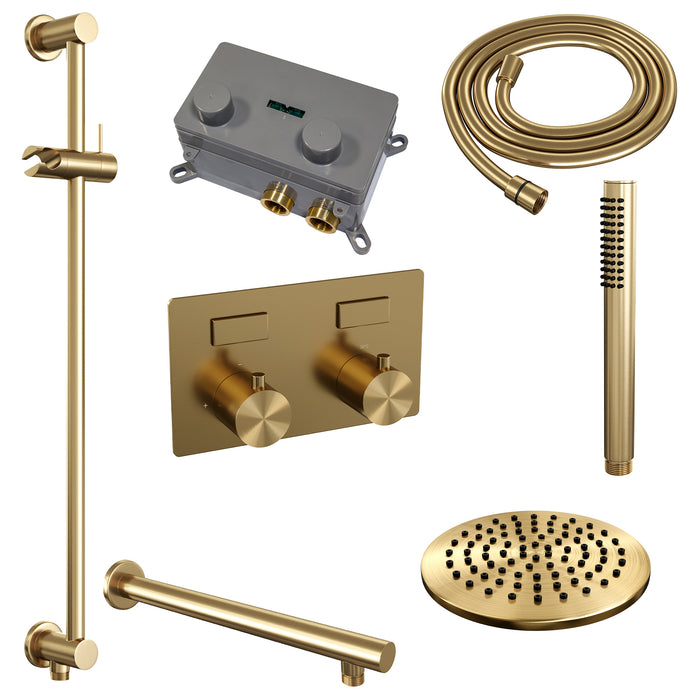 Brauer Gold Edition thermostatische inbouw regendouche met drukknoppen SET 61 met 20 cm douchekop en rechte muurarm en staaf handdouche en doucheslang en geïntegreerde glijstang goud geborsteld PVD