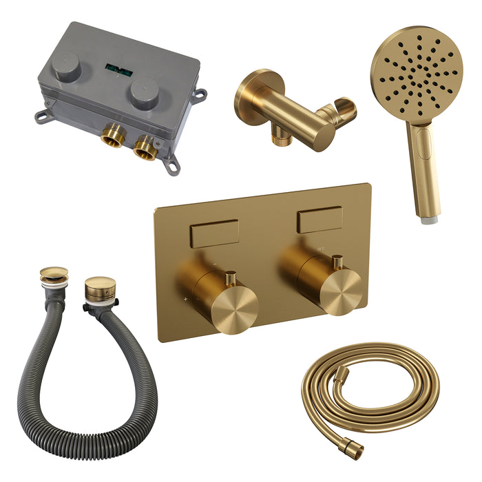 Brauer Gold Edition thermostatische inbouw badkraan met drukknoppen SET 04 met badvulcombinatie en 3-standen handdouche en doucheslang en wandaansluitbocht goud geborsteld PVD - 5-GG-209