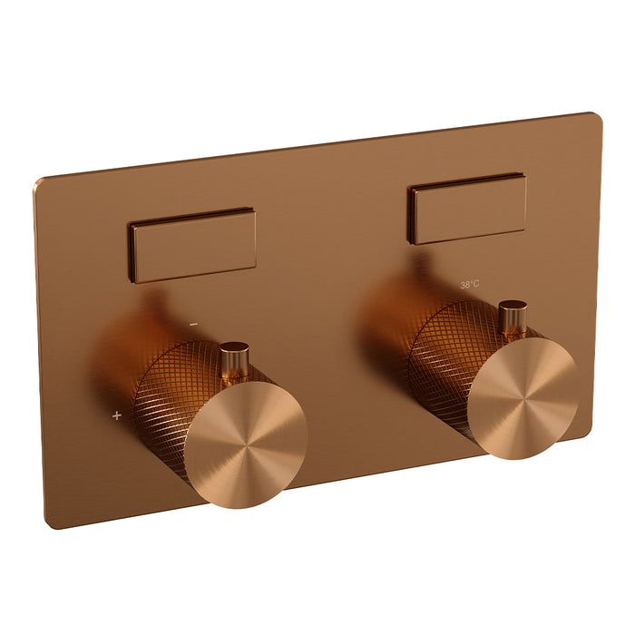 Brauer Copper Carving thermostatische inbouw regendouche met drukknoppen SET 70 met 30 cm douchekop en gebogen muurarm en 3-standen handdouche en doucheslang en geïntegreerde glijstang koper geborsteld PVD