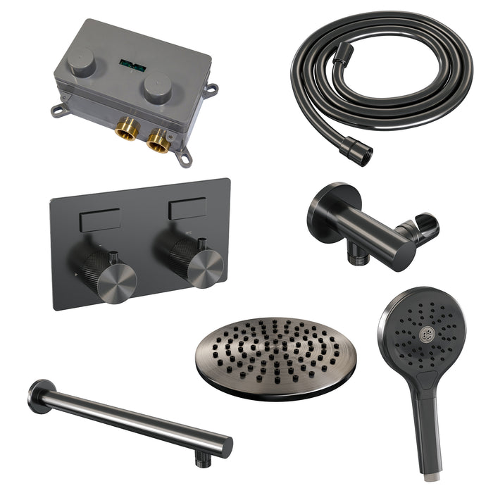 Brauer Gunmetal Carving thermostatische inbouw regendouche met drukknoppen SET 55 met 20 cm douchekop en rechte muurarm en 3-standen handdouche en doucheslang en wandaansluitbocht gunmetal geborsteld PVD