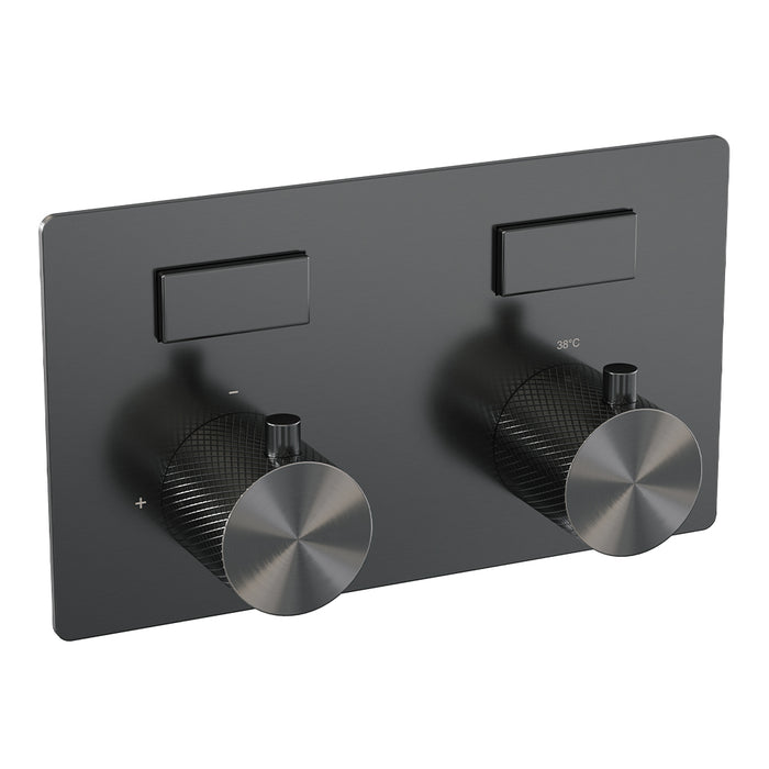 Brauer Gunmetal Carving thermostatische inbouw regendouche met drukknoppen SET 55 met 20 cm douchekop en rechte muurarm en 3-standen handdouche en doucheslang en wandaansluitbocht gunmetal geborsteld PVD