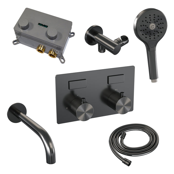 Brauer Gunmetal Carving thermostatische inbouw badkraan met drukknoppen SET 04 met uitloop en 3-standen handdouche en doucheslang en wandaansluitbocht gunmetal geborsteld PVD - 5-GM-215