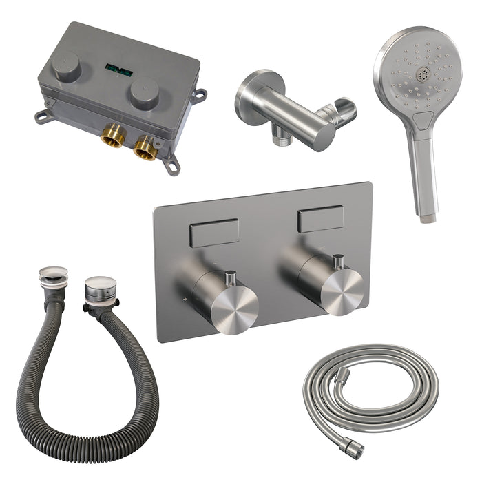 Brauer Gunmetal Edition thermostatische inbouw badkraan met drukknoppen SET 04 met badvulcombinatie en 3-standen handdouche en doucheslang en wandaansluitbocht gunmetal geborsteld PVD - 5-GM-209