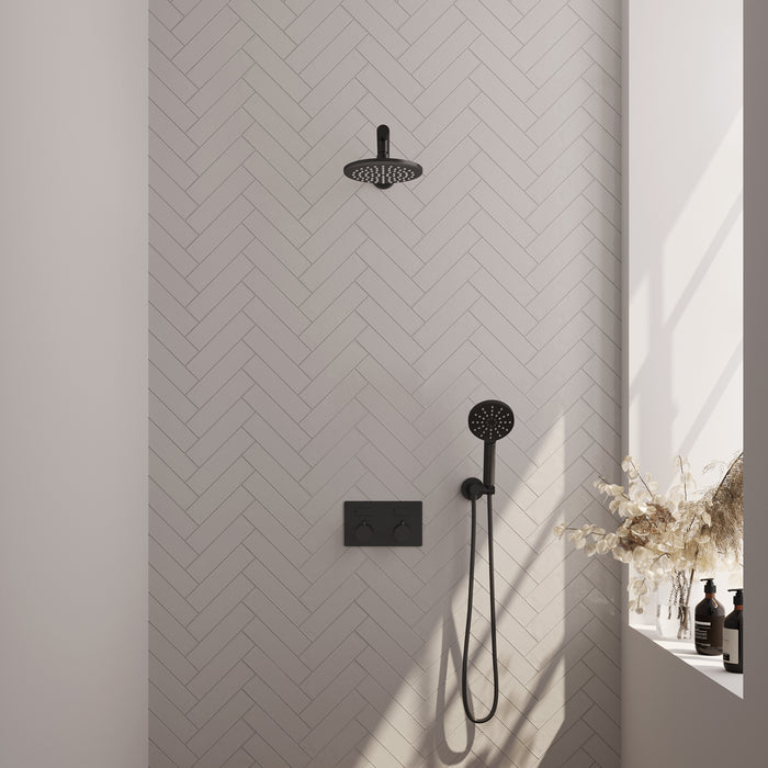 Brauer Gunmetal Carving thermostatische inbouw regendouche met drukknoppen SET 55 met 20 cm douchekop en rechte muurarm en 3-standen handdouche en doucheslang en wandaansluitbocht gunmetal geborsteld PVD