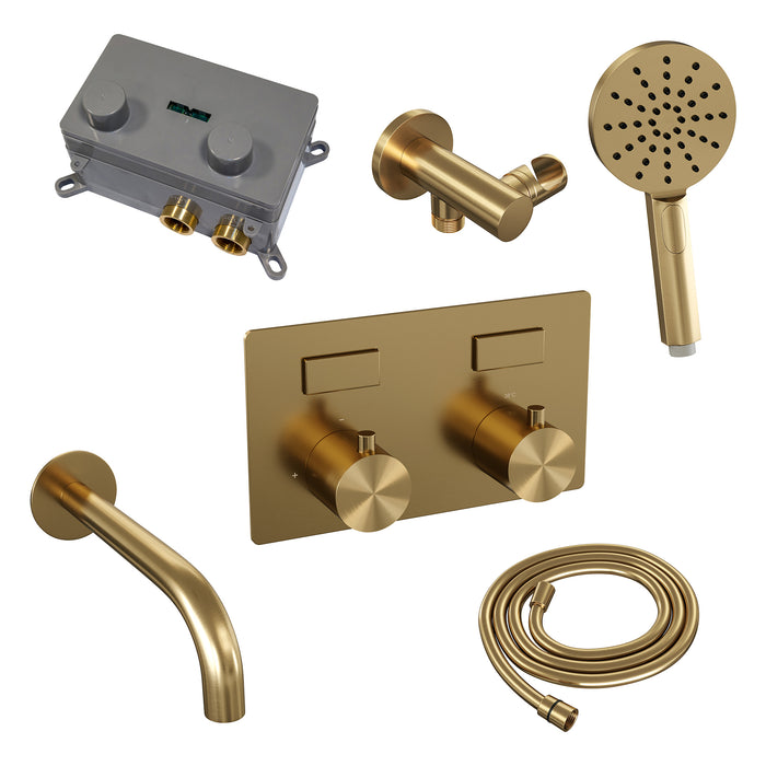 Brauer Gold Edition thermostatische inbouw badkraan met drukknoppen SET 04 met uitloop en 3-standen handdouche en doucheslang en wandaansluitbocht goud geborsteld PVD - 5-GG-211