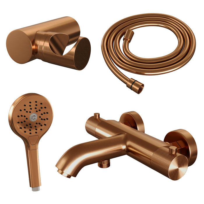 Brauer Copper Carving badthermostaat met badset - 3 standen handdouche - Geborsteld Koper PVD -  5-GK-085-4