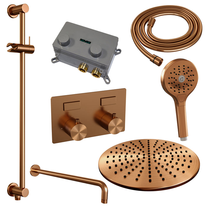 Brauer Copper Carving thermostatische inbouw regendouche met drukknoppen SET 70 met 30 cm douchekop en gebogen muurarm en 3-standen handdouche en doucheslang en geïntegreerde glijstang koper geborsteld PVD