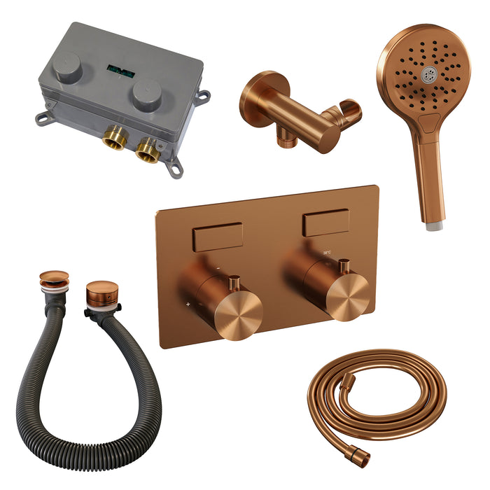 Brauer Copper Edition thermostatische inbouw badkraan met drukknoppen SET 04 met badvulcombinatie en 3-standen handdouche en doucheslang en wandaansluitbocht koper geborsteld PVD - 5-GK-209