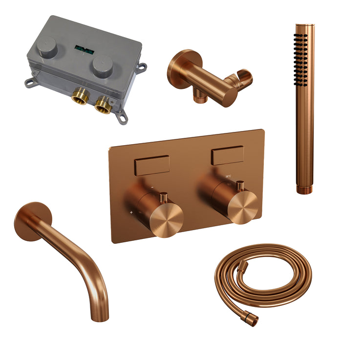 Brauer Copper Edition thermostatische inbouw badkraan met drukknoppen SET 03 met uitloop en staaf handdouchendaansluitbocht koper geborsteld PVD - 5-GK-210