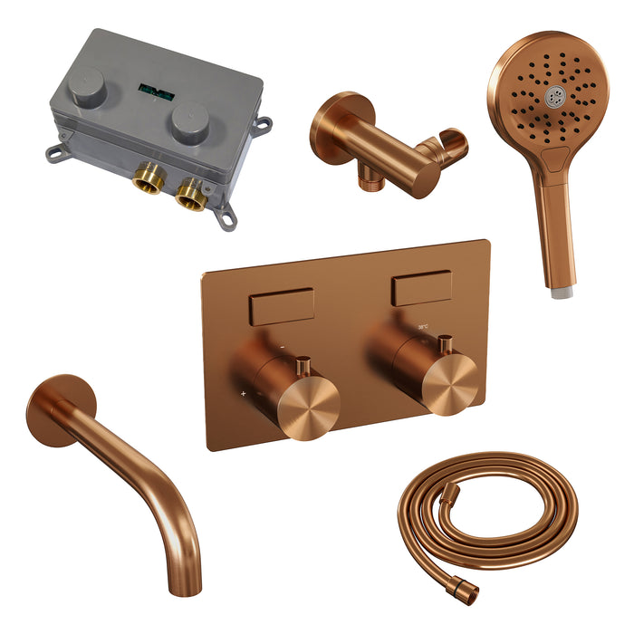 Brauer Copper Edition thermostatische inbouw badkraan met drukknoppen SET 04 met uitloop en 3-standen handdouche en doucheslang en wandaansluitbocht koper geborsteld PVD - 5-GK-211