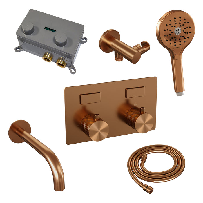 Brauer Copper Carving thermostatische inbouw badkraan met drukknoppen SET 04 met uitloop en 3-standen handdouche en doucheslang en wandaansluitbocht koper geborsteld PVD - 5-GK-215