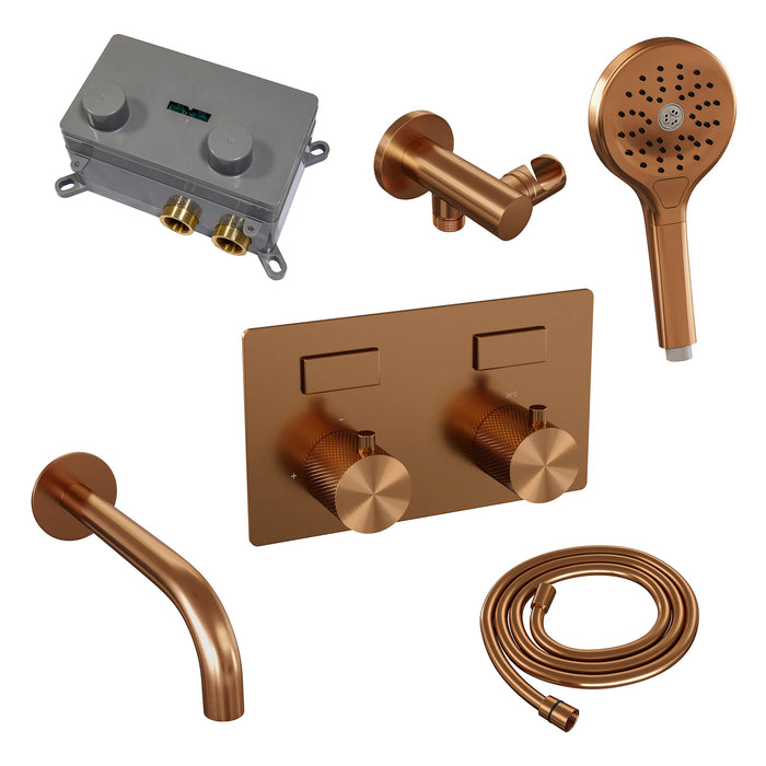 Brauer Chroom Carving thermostatische inbouw badkraan met drukknoppen SET 04 met uitloop en 3-standen handdouche en doucheslang en wandaansluitbocht chroom - 5-CE-215