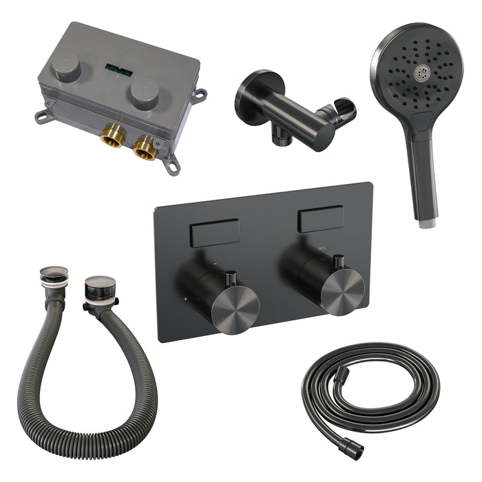 Brauer Gunmetal Edition thermostatische inbouw badkraan met drukknoppen SET 04 met badvulcombinatie en 3-standen handdouche en doucheslang en wandaansluitbocht gunmetal geborsteld PVD - 5-GM-209