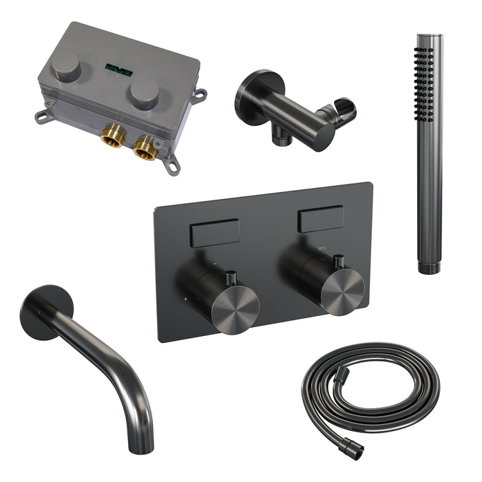 Brauer Black Edition thermostatische inbouw badkraan met drukknoppen SET 03 met uitloop en staaf handdouche en doucheslang en wandaansluitbocht Mat Zwart - 5-S-210