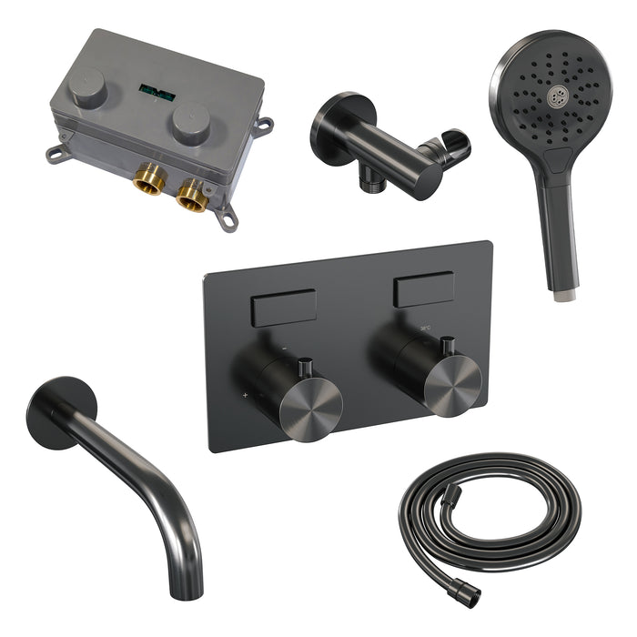 Brauer Black Edition thermostatische inbouw badkraan met drukknoppen SET 04 met uitloop en 3-standen handdouche en doucheslang en wandaansluitbocht Mat Zwart - 5-S-211