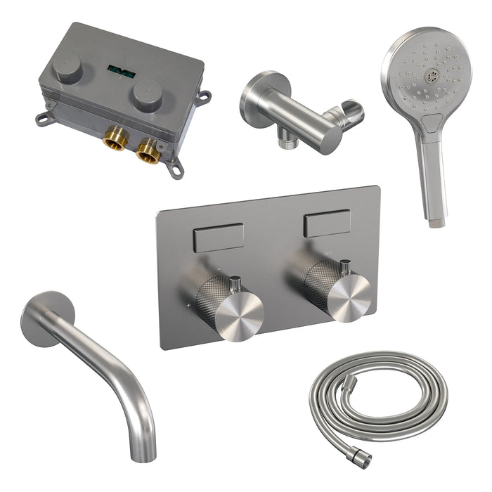 Brauer Gunmetal Carving thermostatische inbouw badkraan met drukknoppen SET 04 met uitloop en 3-standen handdouche en doucheslang en wandaansluitbocht gunmetal geborsteld PVD - 5-GM-215