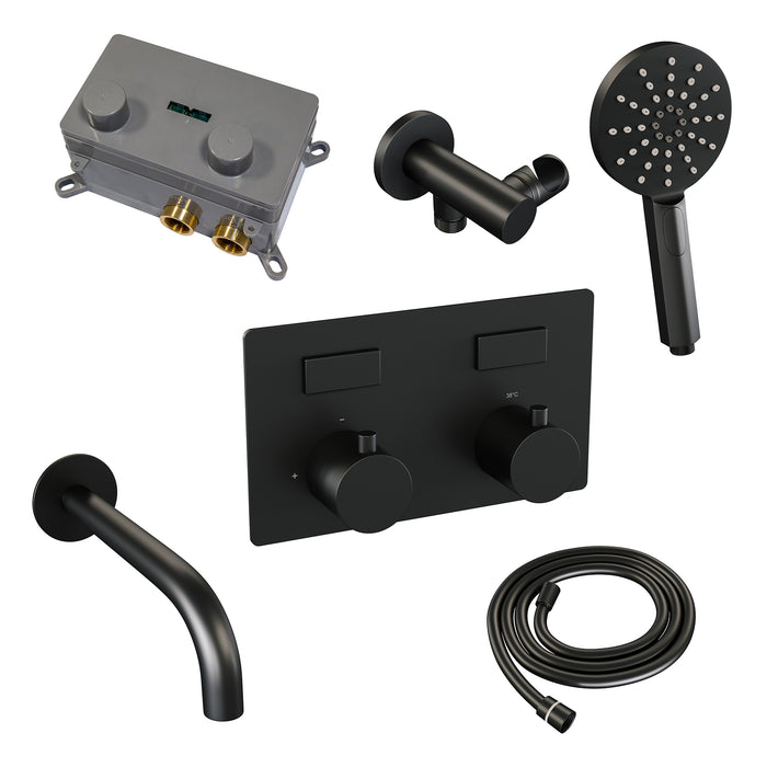 Brauer Black Edition thermostatische inbouw badkraan met drukknoppen SET 04 met uitloop en 3-standen handdouche en doucheslang en wandaansluitbocht Mat Zwart - 5-S-211