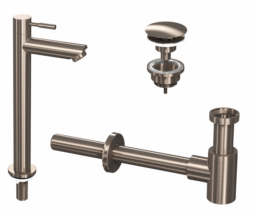 Ink combi set 2a fonteinkraan staand hoog, always open plug en design sifon - brushed nickel - 9902415