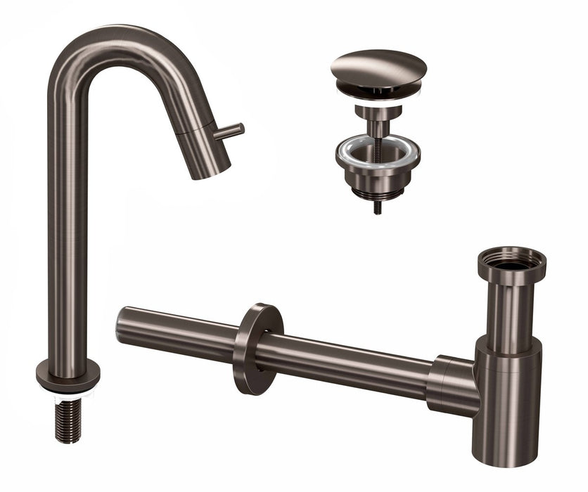 Ink Kranen Combiset 5A fonteinkraan staand gebogen hoog met always open plug en sifon Brushed nickel - 9902485