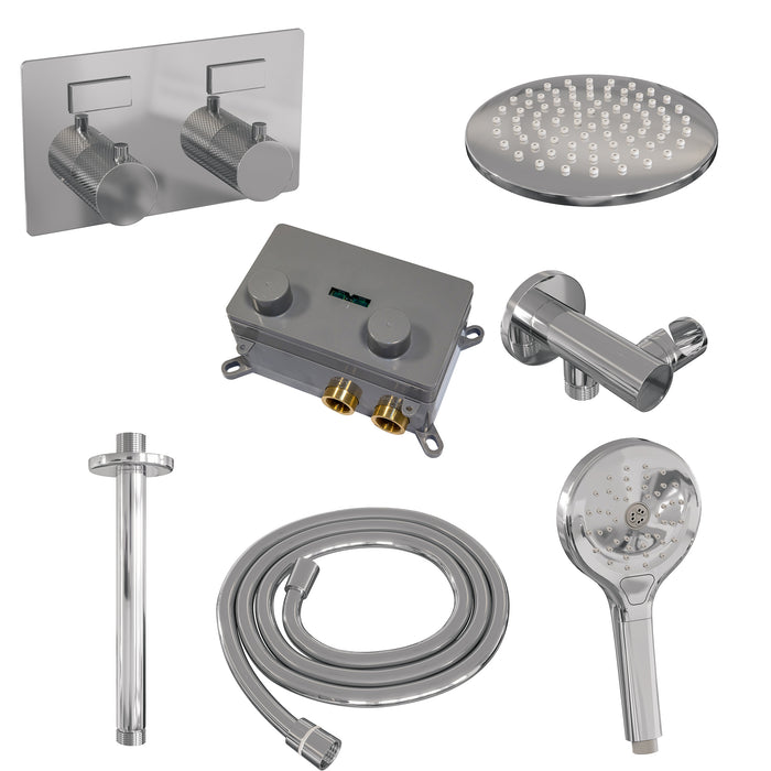 Brauer Gunmetal Carving thermostatische inbouw regendouche met drukknoppen SET 60 met 30 cm douchekop en plafondarm en 3-standen handdouche en doucheslang en wandaansluitbocht Geborsteld Gunmetal PVD - 5-GM-195