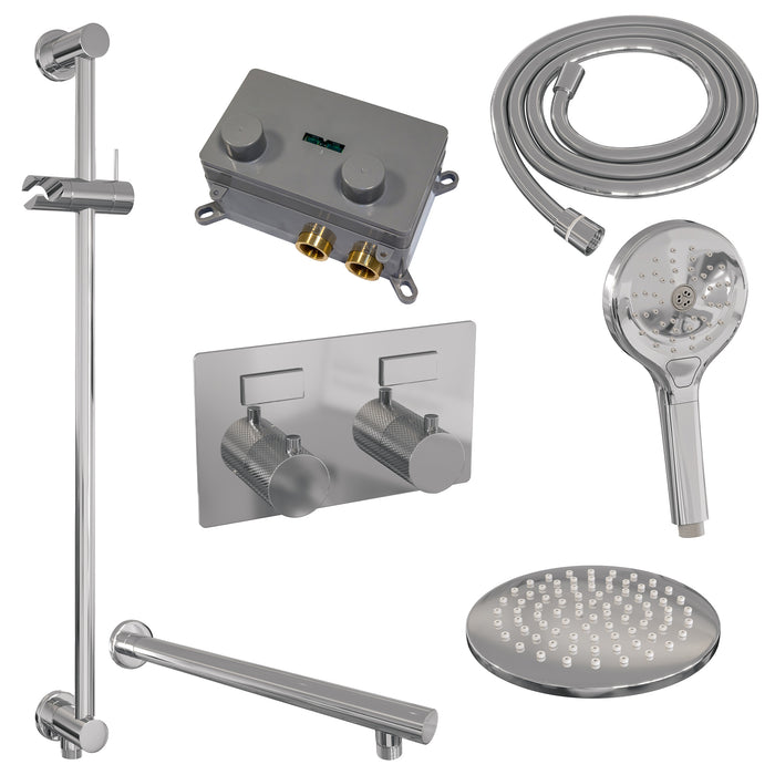 Brauer Gunmetal Carving thermostatische inbouw regendouche met drukknoppen SET 67 met 20 cm douchekop en rechte muurarm en 3-standen handdouche en doucheslang en geïntegreerde glijstang Geborsteld Gunmetal  PVD - 5-GM-202