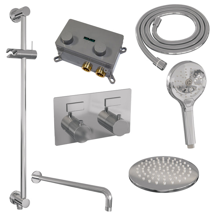 Brauer Gunmetal Carving thermostatische inbouw regendouche met drukknoppen SET 69 met 20 cm douchekop en gebogen muurarm en 3-standen handdouche en doucheslang en geïntegreerde glijstang Geborsteld Gunmetal  PVD