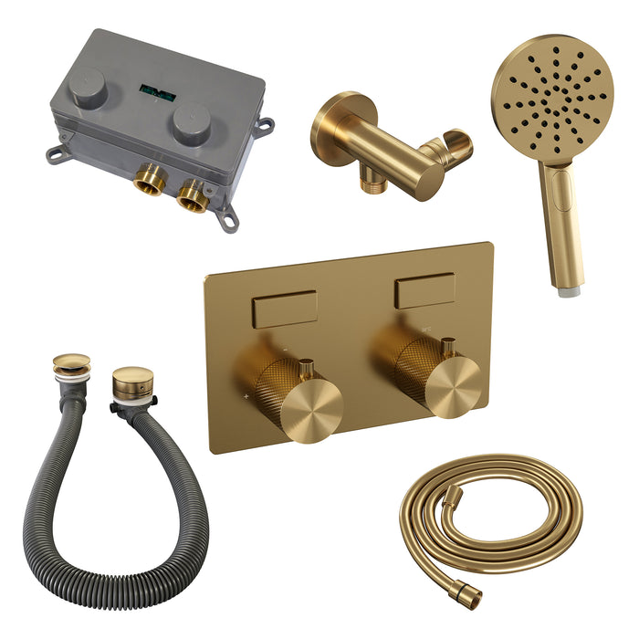 Brauer Gold Carving thermostatische inbouw badkraan met drukknoppen SET 04 met badvulcombinatie en 3-standen handdouche en doucheslang en wandaansluitbocht Geborsteld Goud  PVD -  5-GG-213