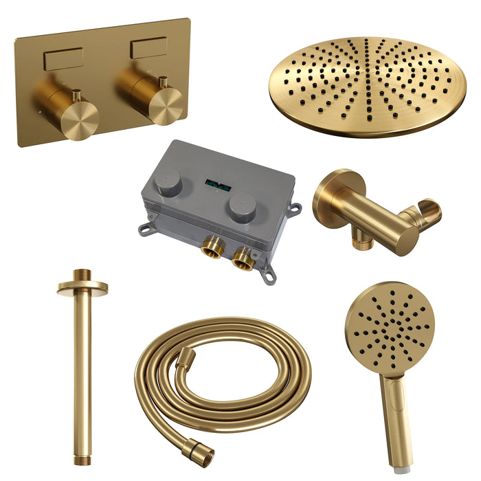 Brauer Gold Edition thermostatische inbouw regendouche met drukknoppen SET 60 met 30 cm douchekop en plafondarm en 3-standen handdouche en doucheslang en wandaansluitbocht Geborsteld Goud PVD -5-GG-171