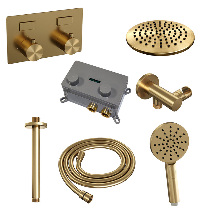 Brauer Gold Edition thermostatische inbouw regendouche met drukknoppen SET 59 met 20 cm douchekop en plafondarm en 3-standen handdouche en doucheslang en wandaansluitbocht Geborsteld Goud PVD -  5-GG-170