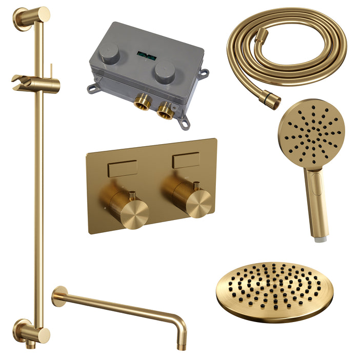 Brauer Gold Carving thermostatische inbouw regendouche met drukknoppen SET 70 met 30 cm douchekop en gebogen muurarm en 3-standen handdouche en doucheslang en geïntegreerde glijstang Geborsteld Goud PVD -  5-GG-200