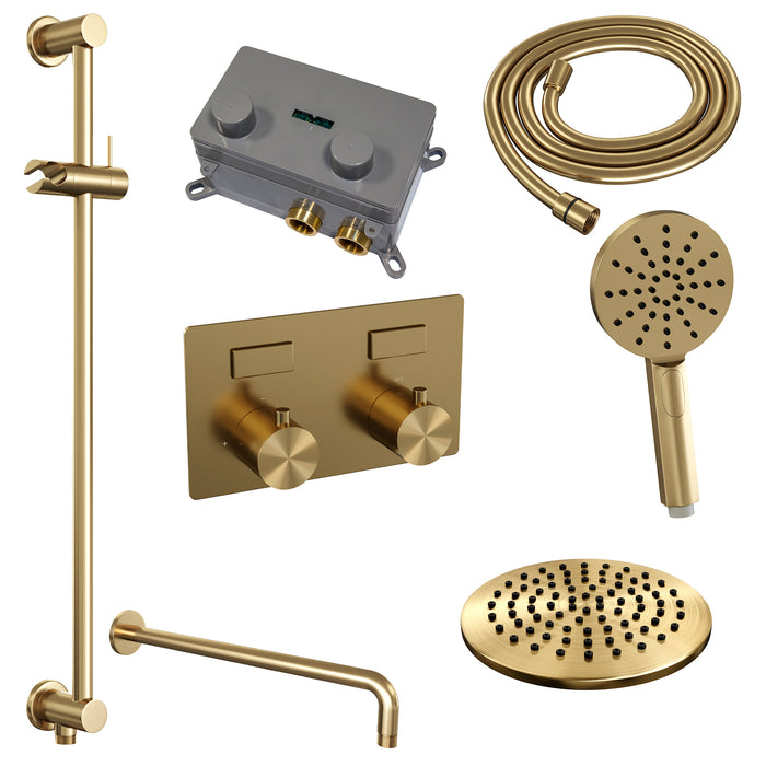 Brauer Copper Edition thermostatische inbouw regendouche met drukknoppen SET 69 met 20 cm douchekop en gebogen muurarm en 3-standen handdouche en doucheslang en geïntegreerde glijstang Geborsteld Koper  PVD -  5-GK-180