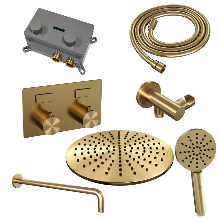 Brauer Gold Edition thermostatische inbouw regendouche met drukknoppen SET 58 met 30 cm douchekop en gebogen muurarm en 3-standen handdouche en doucheslang en wandaansluitbocht Geborsteld Goud PVD - 5-GG-169