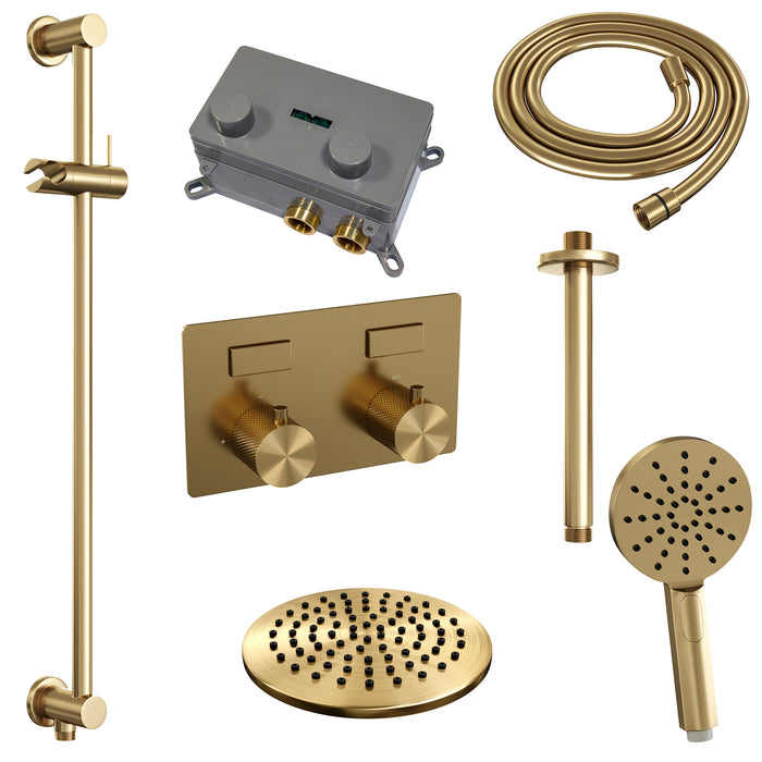 Brauer Gold Carving thermostatische inbouw regendouche met drukknoppen SET 71 met 20 cm douchekop en plafondarm en 3-standen handdouche en doucheslang en geïntegreerde glijstang Geborsteld Goud  PVD - 5-GG-206