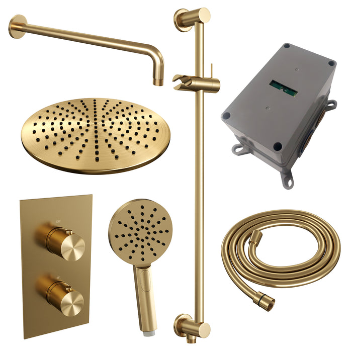 Brauer Gold Edition inbouwset met 3-weg thermostaat - hoofddouche 30cm - gebogen wandarm 40cm - ronde 3-standen handdouche - glijstang met aansluitbocht - Geborsteld Goud PVD - 5-GG-069