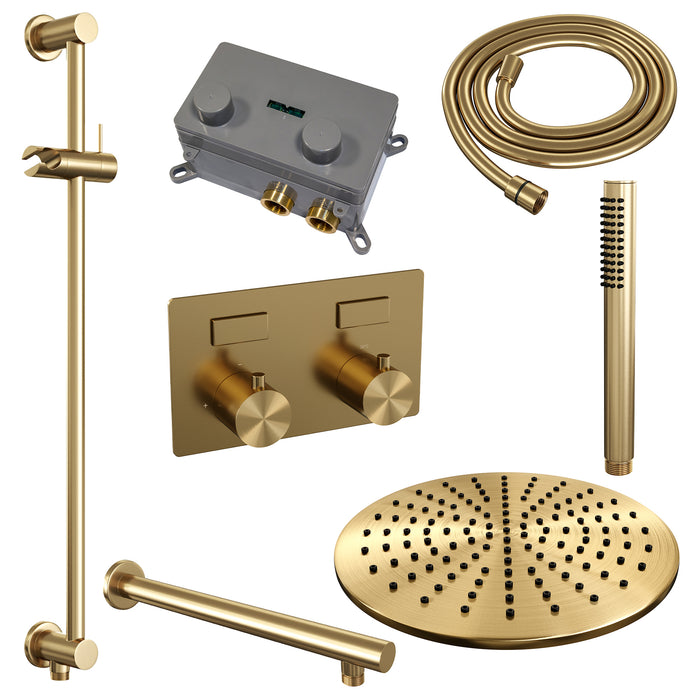 Brauer Copper Edition thermostatische inbouw regendouche met drukknoppen SET 62 met 30 cm douchekop en rechte muurarm en staaf handdouche en doucheslang en geïntegreerde glijstang  Geborsteld Koper PVD -  5-GK-173