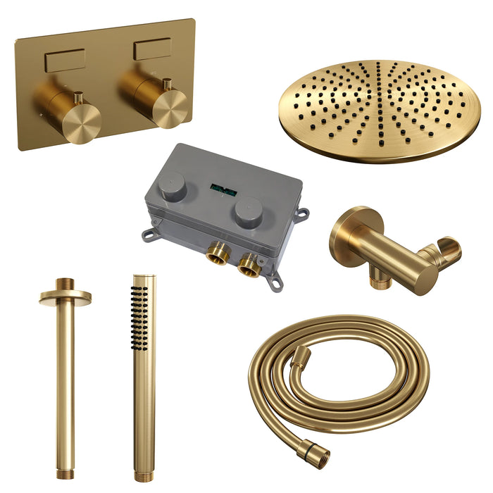 Brauer Gold Edition thermostatische inbouw regendouche met drukknoppen SET 54 met 30 cm douchekop en plafondarm en staaf handdouche en doucheslang en wandaansluitbocht goud geborsteld PVD -  5-GG-165