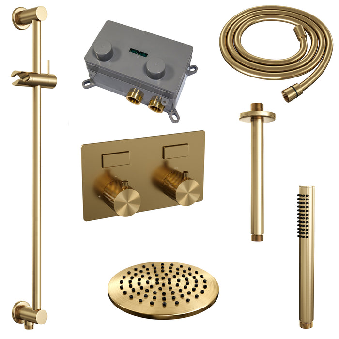 Brauer Gold Carving thermostatische inbouw regendouche met drukknoppen SET 65 met 20 cm douchekop en plafondarm en staaf handdouche en doucheslang en geïntegreerde glijstang goud geborsteld PVD -  5-GG-200