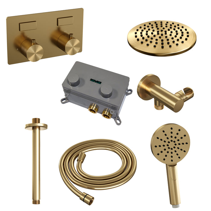 Brauer Gold Carving thermostatische inbouw regendouche met drukknoppen SET 59 met 20 cm douchekop en plafondarm en 3-standen handdouche en doucheslang en wandaansluitbocht Geborsteld Goud PVD -  5-GG-194