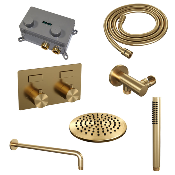 Brauer Copper Edition thermostatische inbouw regendouche met drukknoppen SET 51 met 20 cm douchekop en gebogen muurarm en staaf handdouche en doucheslang en wandaansluitbocht koper geborsteld PVD -  5-GK-162