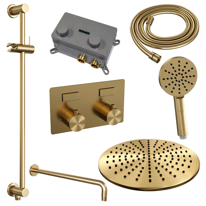 Brauer Copper Edition thermostatische inbouw regendouche met drukknoppen SET 70 met 30 cm douchekop en gebogen muurarm en 3-standen handdouche en doucheslang en geïntegreerde glijstang Geborsteld Koper  PVD -  5-GK-181