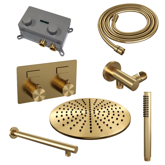 Brauer Copper Edition thermostatische inbouw regendouche met drukknoppen SET 50 met 30 cm douchekop en rechte muurarm en staaf handdouche en doucheslang en wandaansluitbocht Geborsteld Koper PVD -  5-GK-161