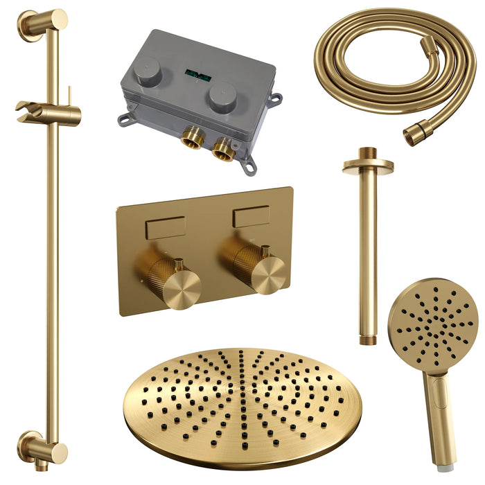 Brauer Copper Carving thermostatische inbouw regendouche met drukknoppen SET 72 met 30 cm douchekop en plafondarm en 3-standen handdouche en doucheslang en geïntegreerde glijstang koper geborsteld PVD