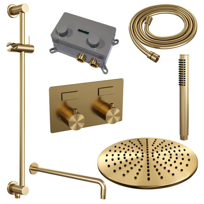 Brauer Copper Edition thermostatische inbouw regendouche met drukknoppen SET 64 met 30 cm douchekop en gebogen muurarm en staaf handdouche en doucheslang en geïntegreerde glijstang Geborsteld Koper  PVD - 5-GK-175