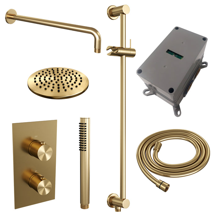 Brauer Gold Edition inbouwset met 3-weg thermostaat - hoofddouche 20cm - gebogen wandarm 40cm - staafhanddouche - glijstang met aansluitbocht - Geborsteld Goud PVD - 5-GG-062