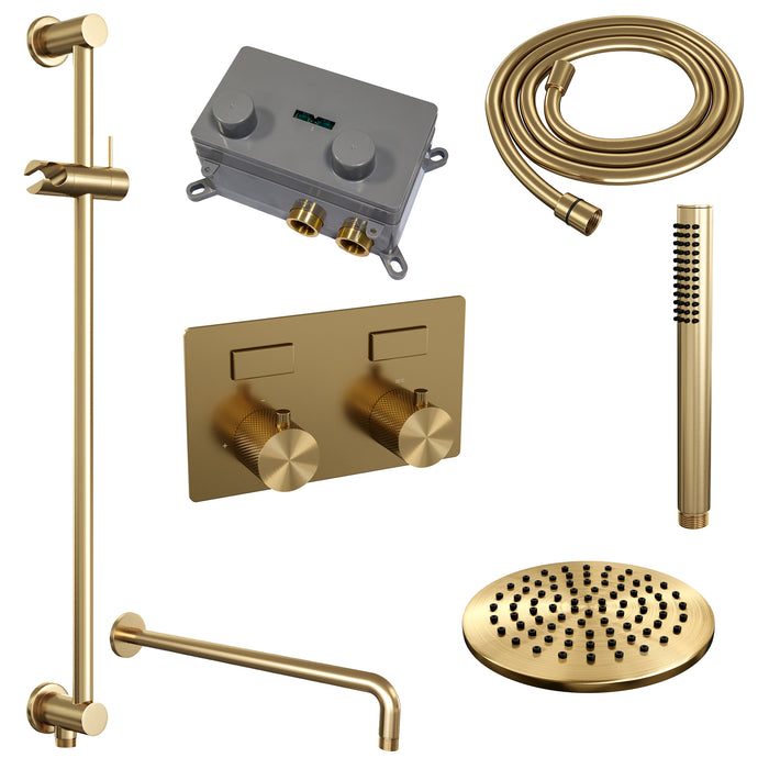 Brauer Gold Carving thermostatische inbouw regendouche met drukknoppen SET 63 met 20 cm douchekop en gebogen muurarm en staaf handdouche en doucheslang en geïntegreerde glijstang Geborsteld Goud PVD -  5-GG-198