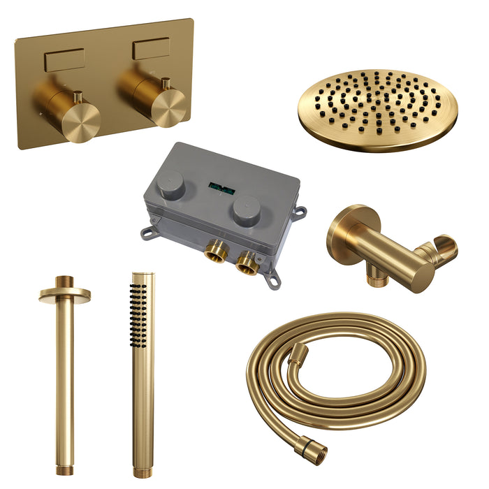 Brauer Gold Edition thermostatische inbouw regendouche met drukknoppen SET 53 met 20 cm douchekop en plafondarm en staaf handdouche en doucheslang en wandaansluitbocht Geborsteld Goud  PVD -  5-GG-164